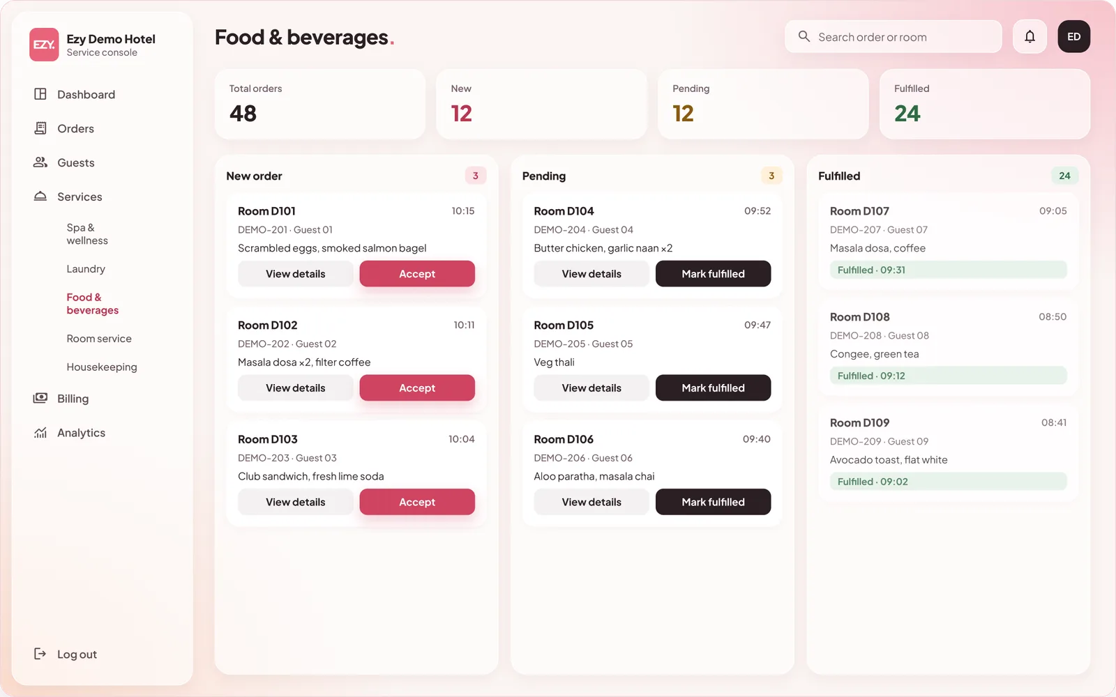 Service board: order cards in the New order, Pending and Fulfilled columns