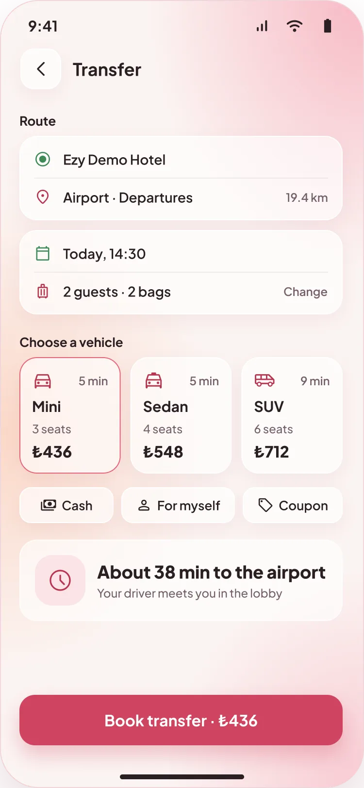 An airport transfer request in the guest app: route, time and passengers, vehicle options