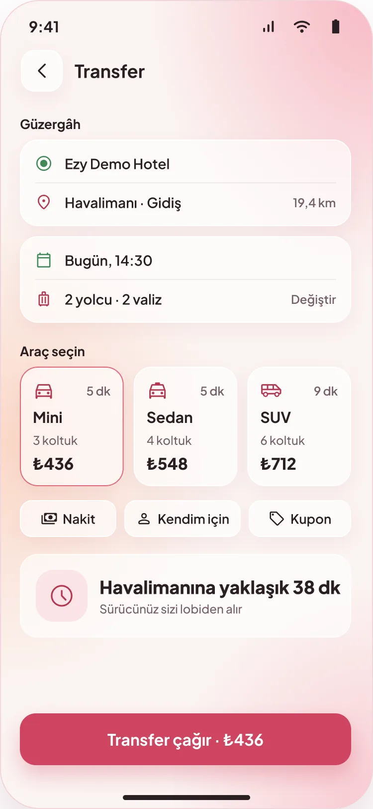Misafir uygulamasında havalimanı transferi talebi: güzergâh, saat ve yolcu bilgisi, araç seçenekleri