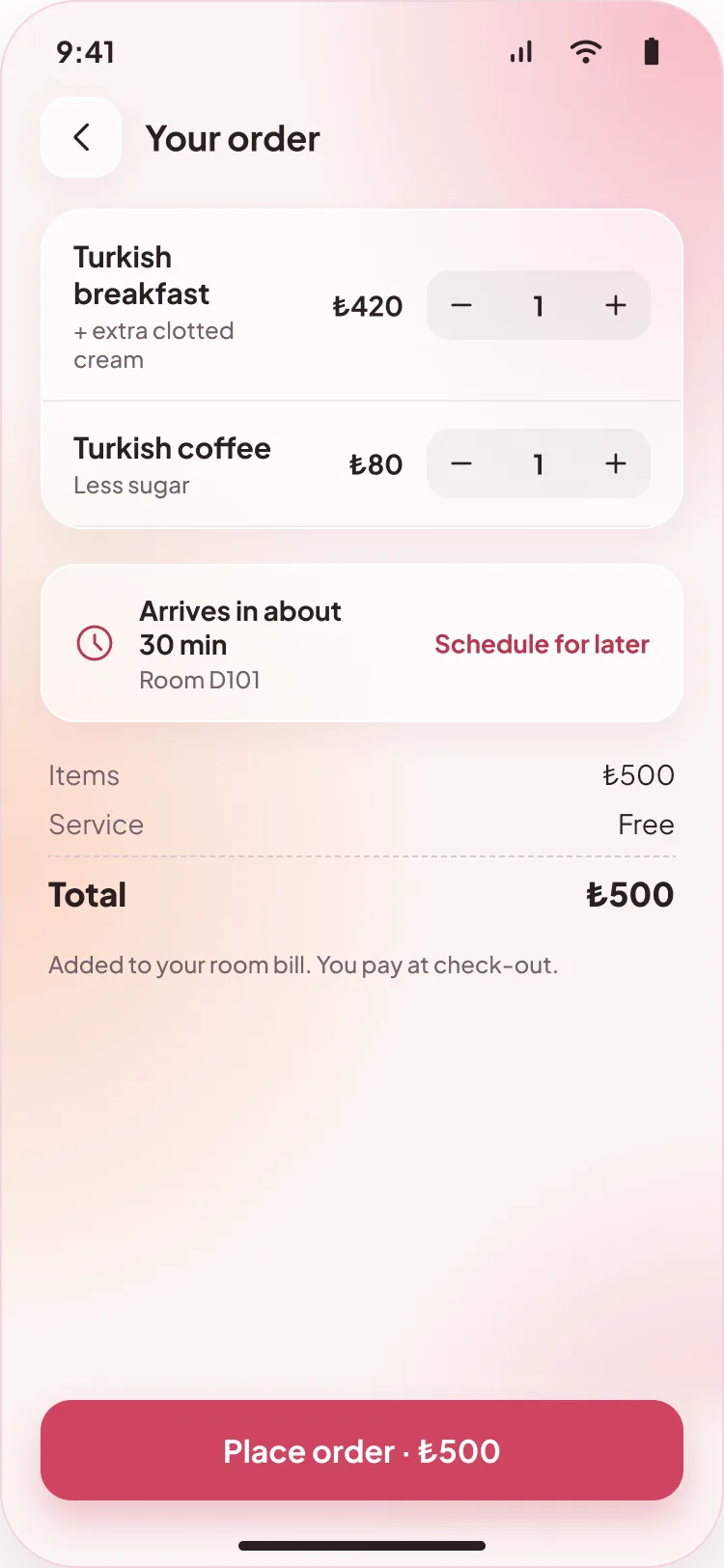 Order basket in the guest app: Turkish breakfast and Turkish coffee, the total and the delivery time