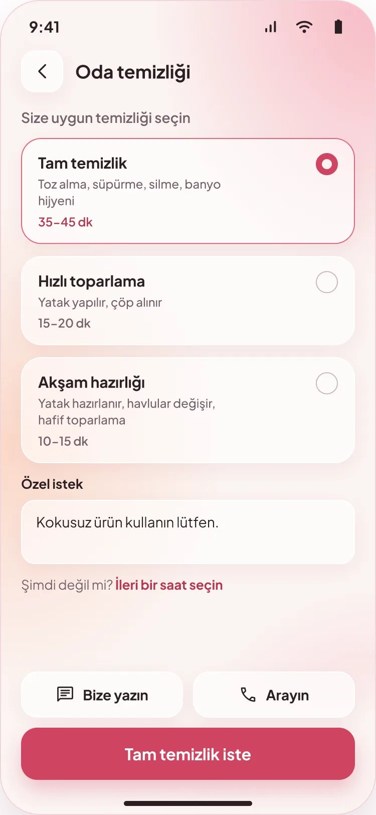 Oda temizliği ekranı: tam temizlik, hızlı toparlama ve akşam hazırlığı seçenekleri