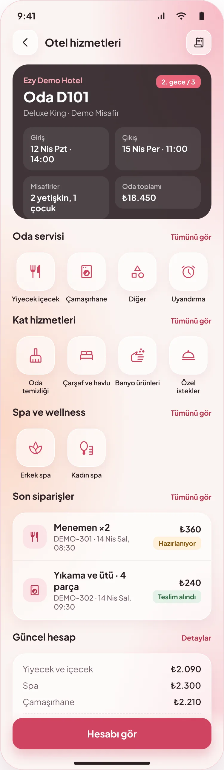 Otel hizmetleri ekranı: oda bilgisi, oda servisi ve kat hizmetleri kısayolları